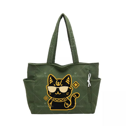 Cool Black Cat Embroidered Green Corduroy Tote Bag