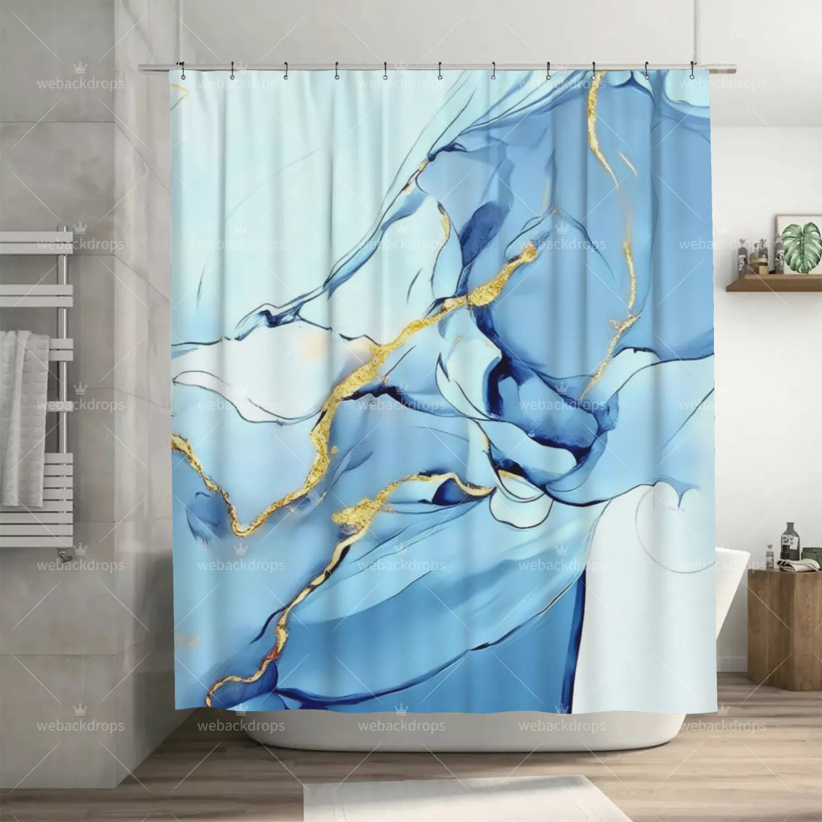 Blue and Gold Marble Shower Curtain with Metal Roller Ball Hooks, 72 x 72 Inch