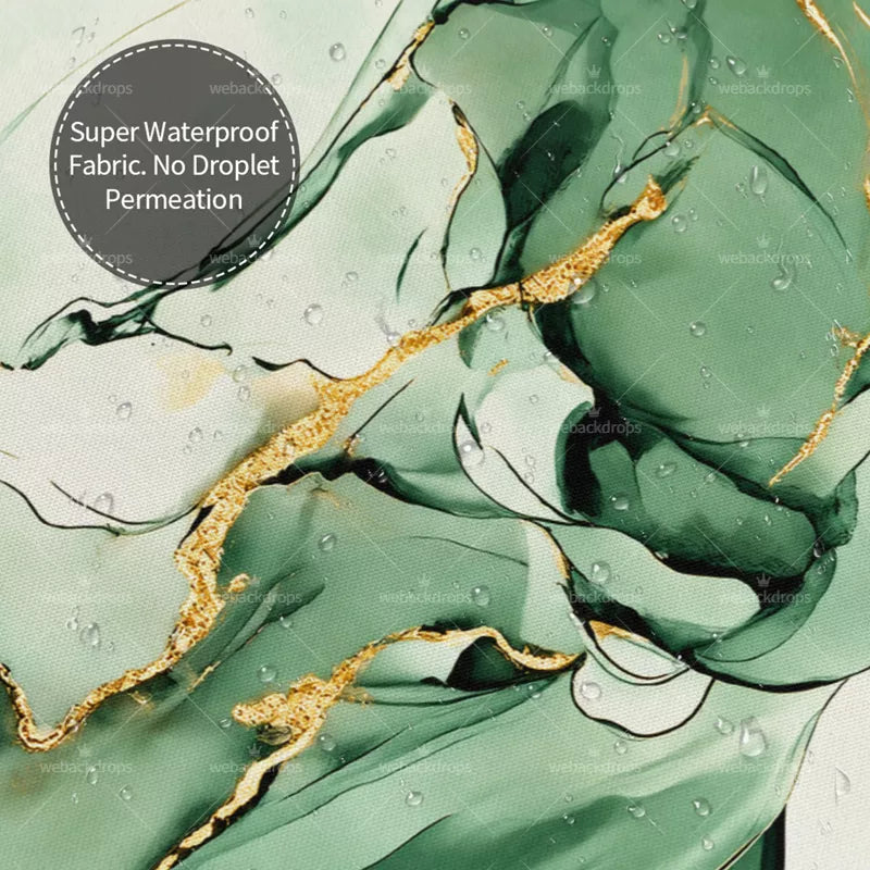 Emerald Green and Gold Marble Shower Curtain with Metal Roller Ball Hooks, 72 x 72 Inch