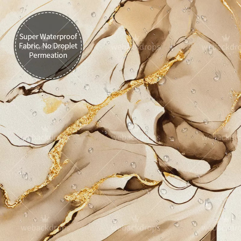 Champagne Beige and Gold Marble Shower Curtain with Metal Roller Ball Hooks, 72 x 72 Inch