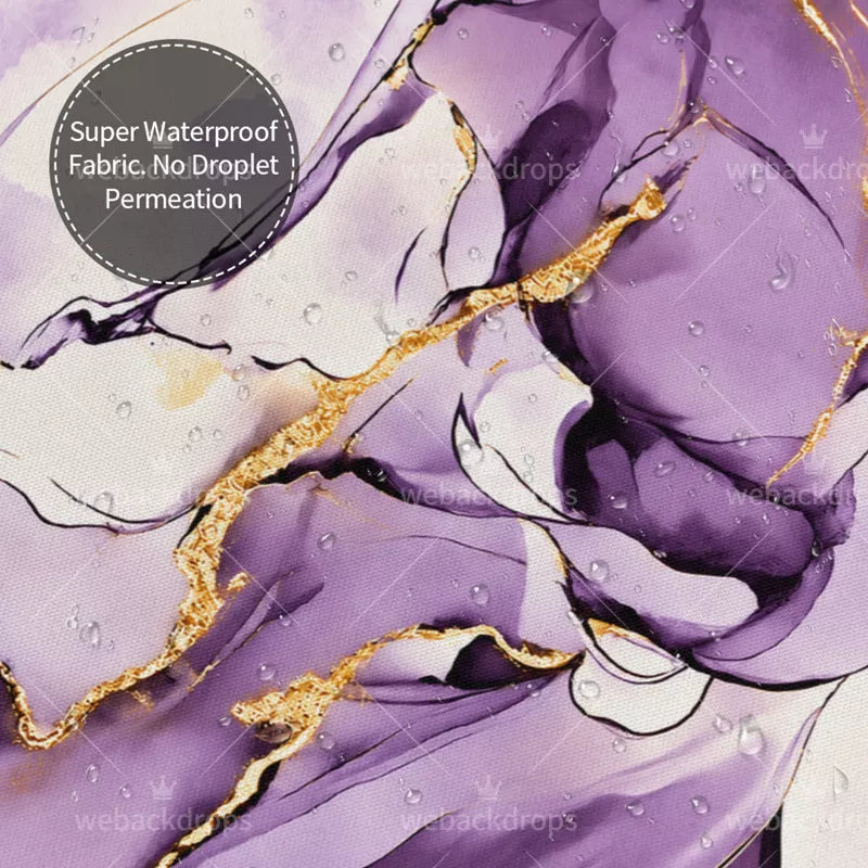 Amethyst Purple and Gold Marble Shower Curtain with Metal Roller Ball Hooks, 72 x 72 Inch