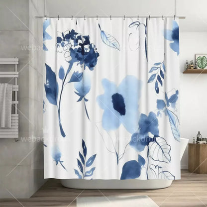 Indigo Blue Watercolor Floral Shower Curtain with Metal Roller Ball Hooks, 72 x 72 Inch
