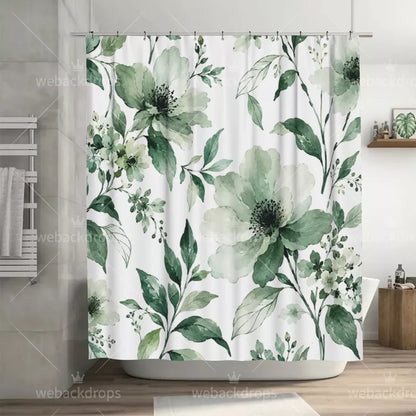 Sage Green Watercolor Floral Shower Curtain with Metal Roller Ball Hooks, 72 x 72 Inch