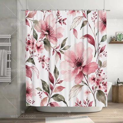 Dusty Rose Watercolor Floral Shower Curtain with Metal Roller Ball Hooks, 72 x 72 Inch