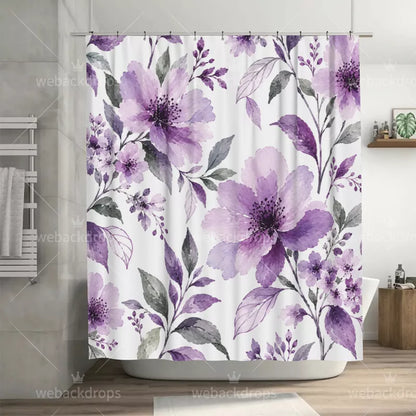 Lavender Purple Watercolor Floral Shower Curtain with Metal Roller Ball Hooks, 72 x 72 Inch