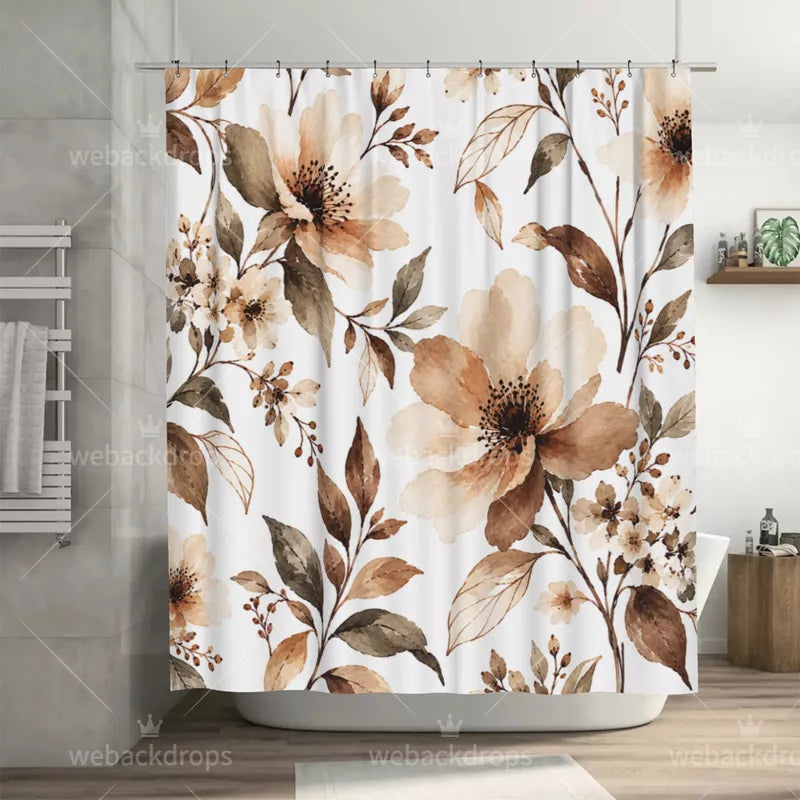 Warm Sepia Watercolor Floral Shower Curtain with Metal Roller Ball Hooks, 72 x 72 Inch