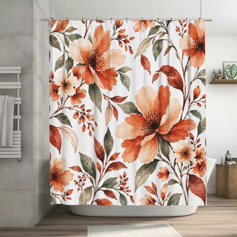 Terracotta Watercolor Floral Shower Curtain with Metal Roller Ball Hooks, 72 x 72 Inch