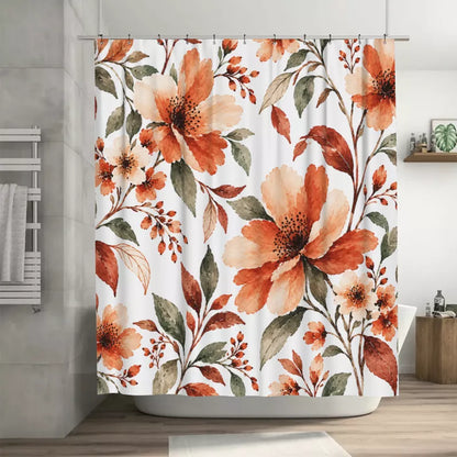 Terracotta Watercolor Floral Shower Curtain with Metal Roller Ball Hooks, 72 x 72 Inch
