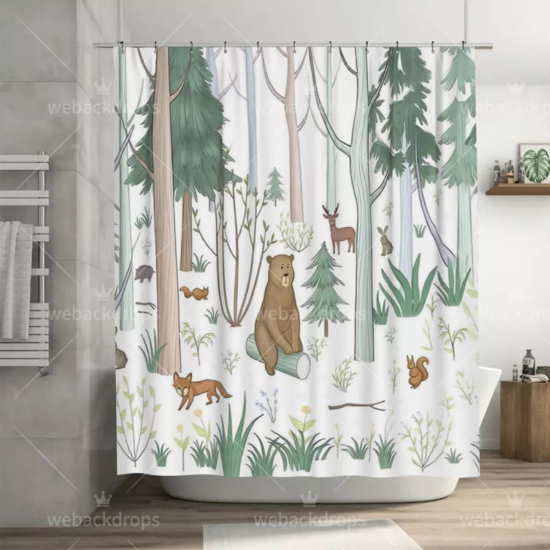 Woodland Friends Forest Animals Shower Curtain with Metal Roller Ball Hooks, 72 x 72 Inch
