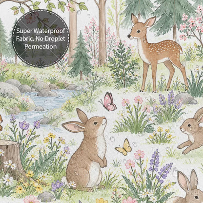 Spring Bunny Meadow Woodland Shower Curtain with Metal Roller Ball Hooks, 72 x 72 in