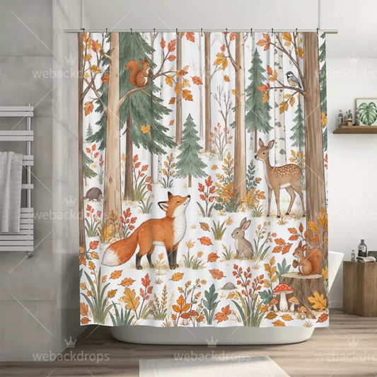 Autumn Fox Woodland Animals Shower Curtain with Metal Roller Ball Hooks, 72 x 72 Inch