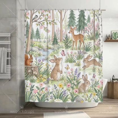 Spring Bunny Meadow Woodland Shower Curtain with Metal Roller Ball Hooks, 72 x 72 in