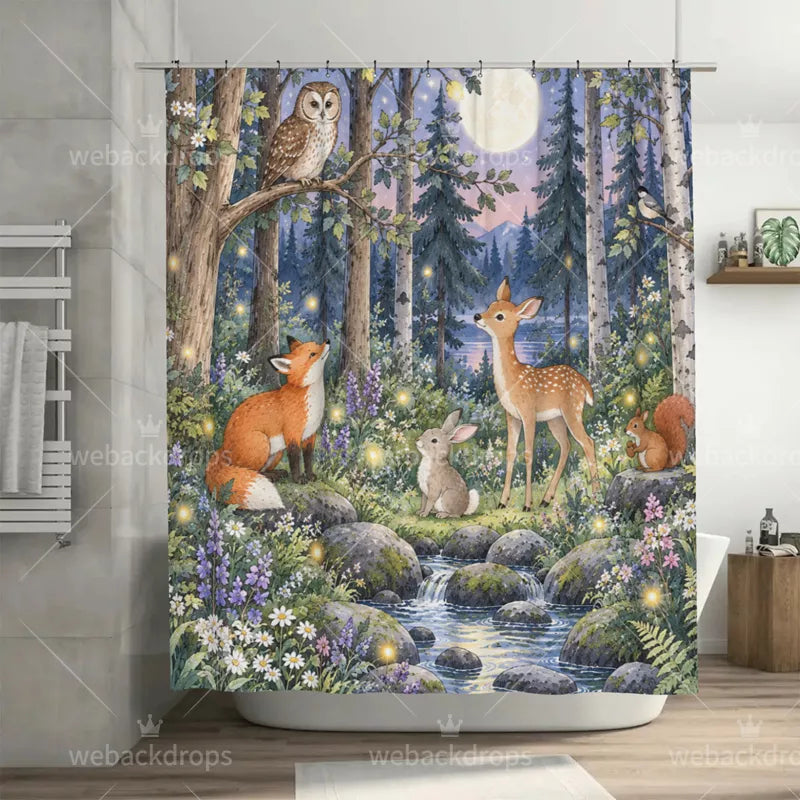 Twilight Owl Woodland Shower Curtain with Metal Roller Ball Hooks, 72 x 72 in