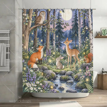 Twilight Owl Woodland Shower Curtain with Metal Roller Ball Hooks, 72 x 72 in
