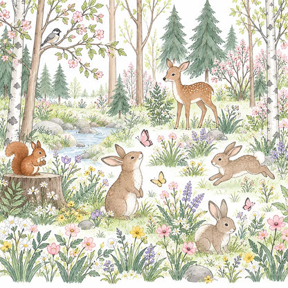 Spring Bunny Meadow Woodland Shower Curtain with Metal Roller Ball Hooks, 72 x 72 in