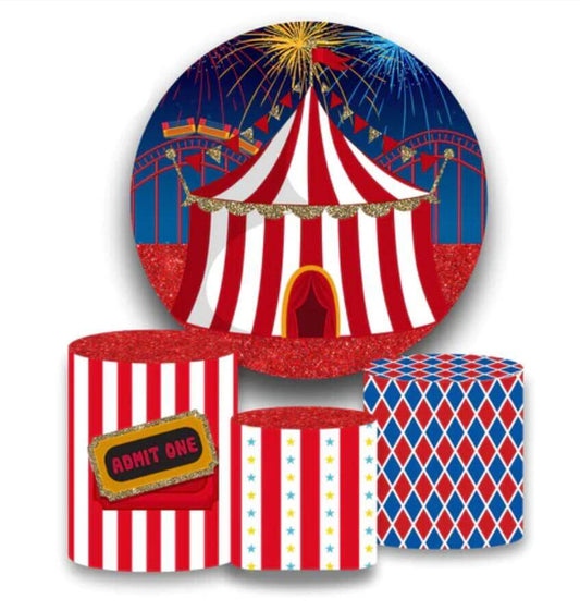 Cirkusz sátor témája Első születésnapi parti, kerek, kör hátterű borító dekor