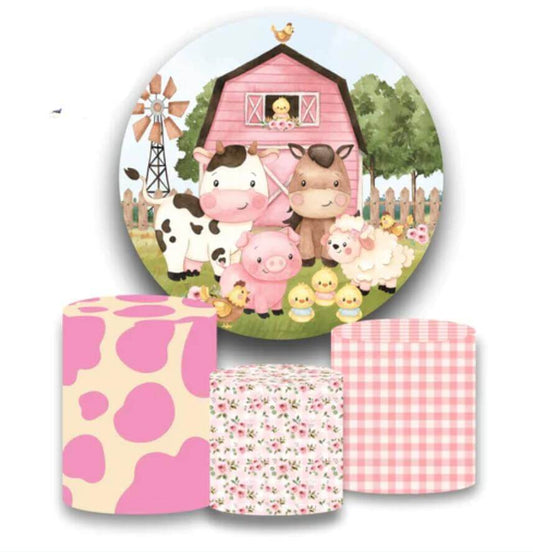 Fundal cerc rotund pentru decorațiuni pentru petrecerea de aniversare a fetelor cu animale de fermă roz
