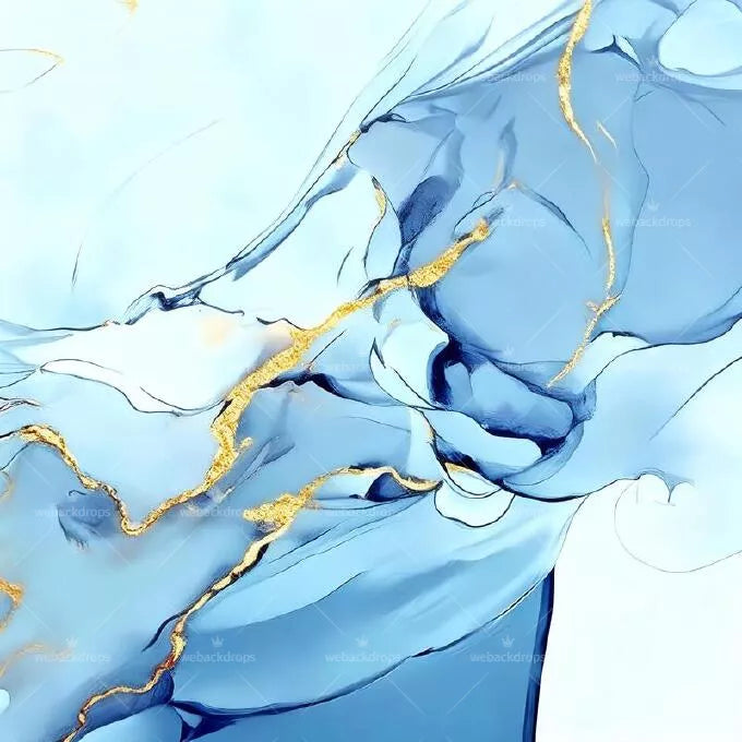 Blue and Gold Marble Shower Curtain with Metal Roller Ball Hooks, 72 x 72 Inch