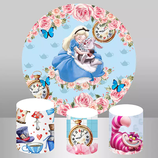Alice im Wunderland Mädchengeburtstag, runder Hintergrund und 3 Zylinderabdeckungen
