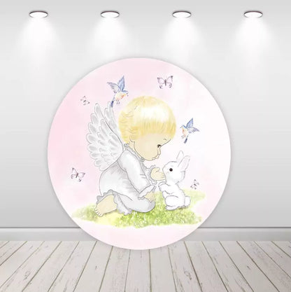 Angel Boy Baby Shower Baptism Round Backdrop Cover