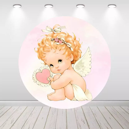 Angel Girl Baby Shower Baptism Round Backdrop Cover