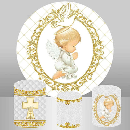 Angel Gold Pigeon Baby Shower Baptism Round Backdrop Cover