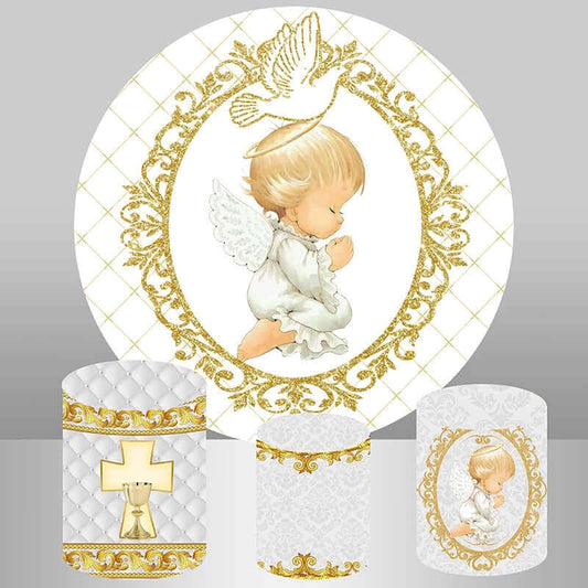 Capa de pano de fundo redonda para chá de bebê anjo dourado pombo