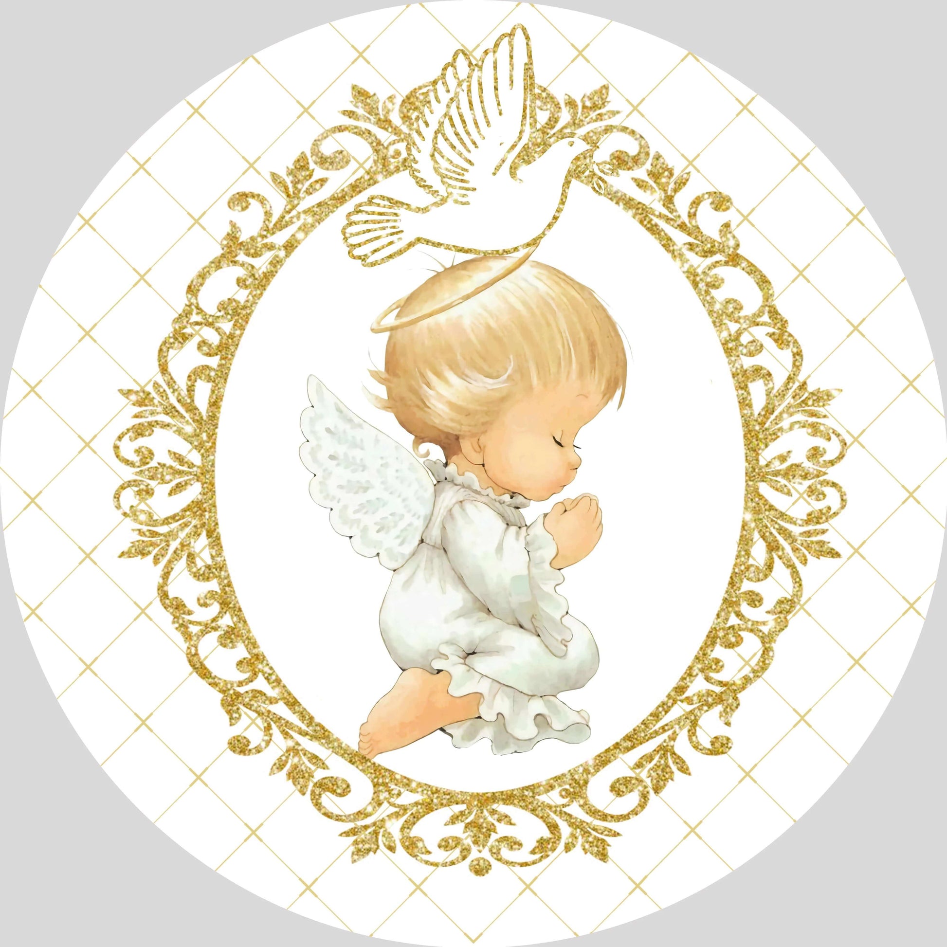 Angel Gold Pigeon Baby Shower Baptism Round Backdrop Cover Party