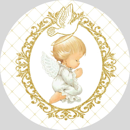 Anděl zlatý holub miminko křest kulaté pozadí kryt strana