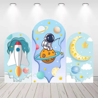Astronauten-Raketenbogen-Hintergrundabdeckung für Jungen-Geburtstagsparty-Dekoration