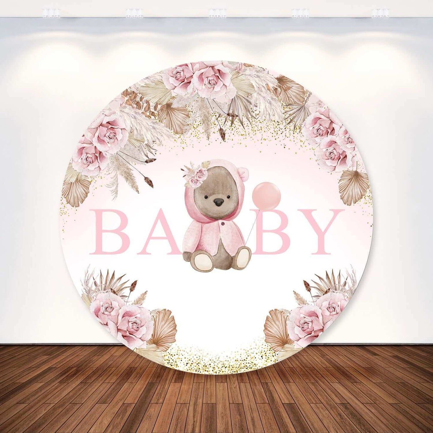 Baby Bear Pampas Grass Bohemian Newborn 1st Birthday Round Backdrop