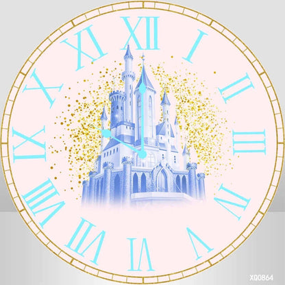 Horloge de château bleu bébé, toile de fond ronde, personnalisation de Zone Photo, fête