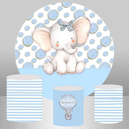 Baby Elephant Blue Round Backdrop Cover for Boy Birthday Party Decor