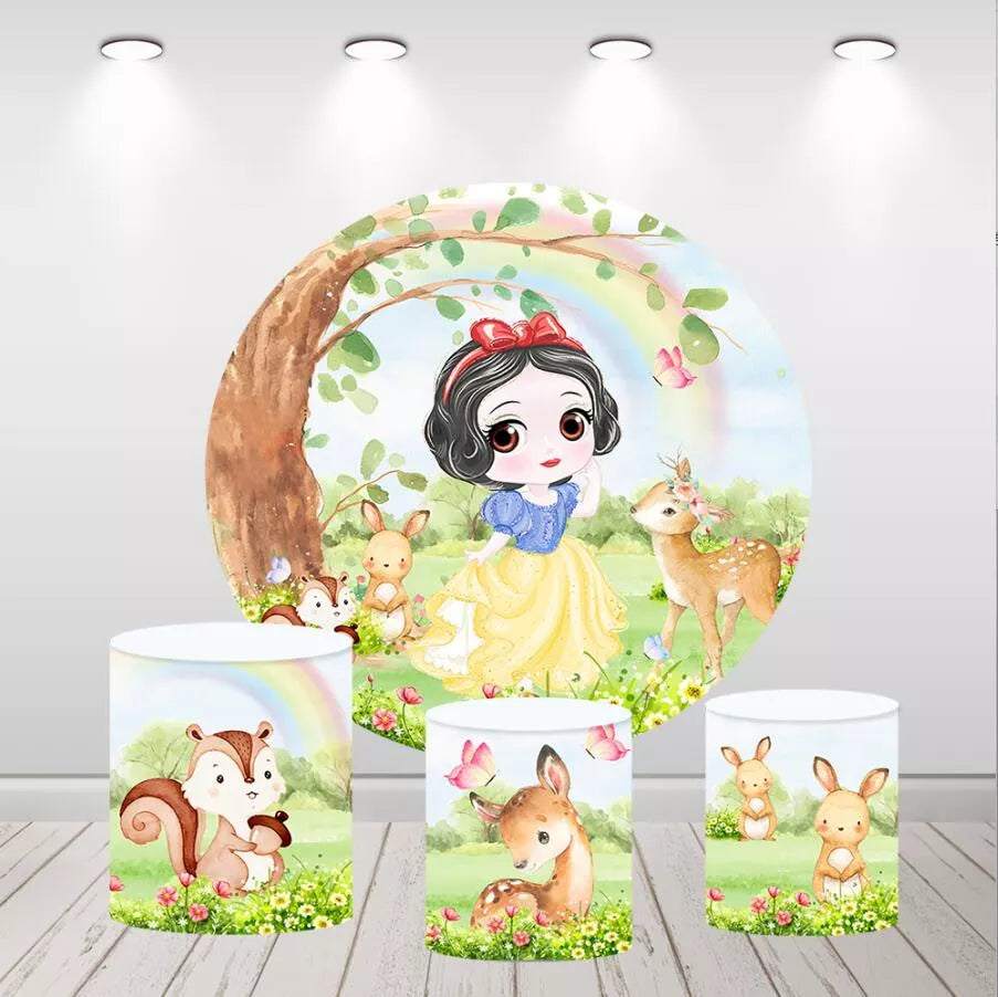 Baby Snow White Round Backdrop Forest Animals Kids Birthday Decor