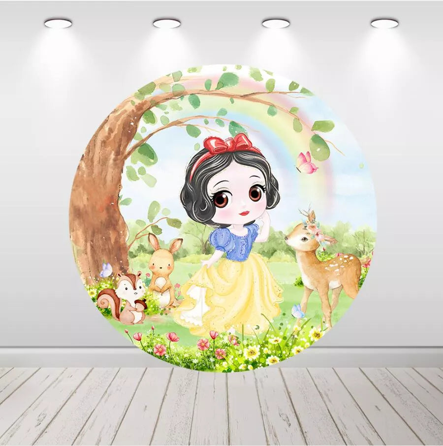 Baby Snow White Round Backdrop Forest Animals Kids Birthday Decor