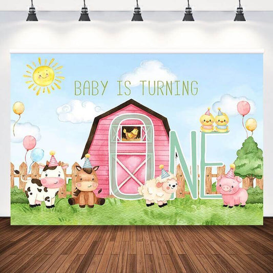 Baby draait een verjaardagsfeestje boerderijdieren thema achtergrond