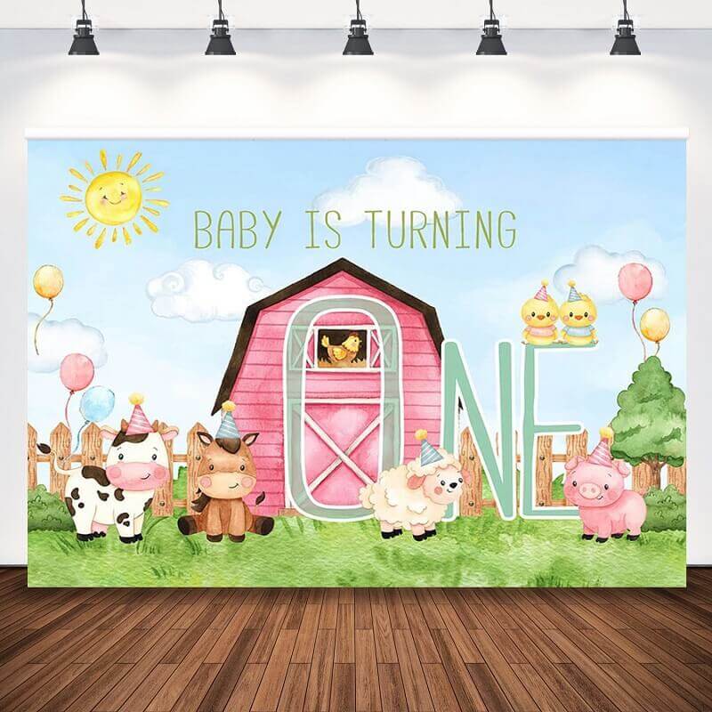 Baby draait een verjaardagsfeestje boerderijdieren thema achtergrond