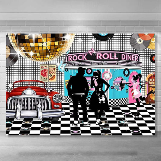 Retour à la toile de fond de l'heure du dîner rétro du magasin de soda Rock Roll Party des années 50