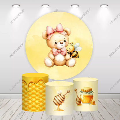Bear Bee Honey Round Backdrop Girl Baby Shower 1st Birthday Decor