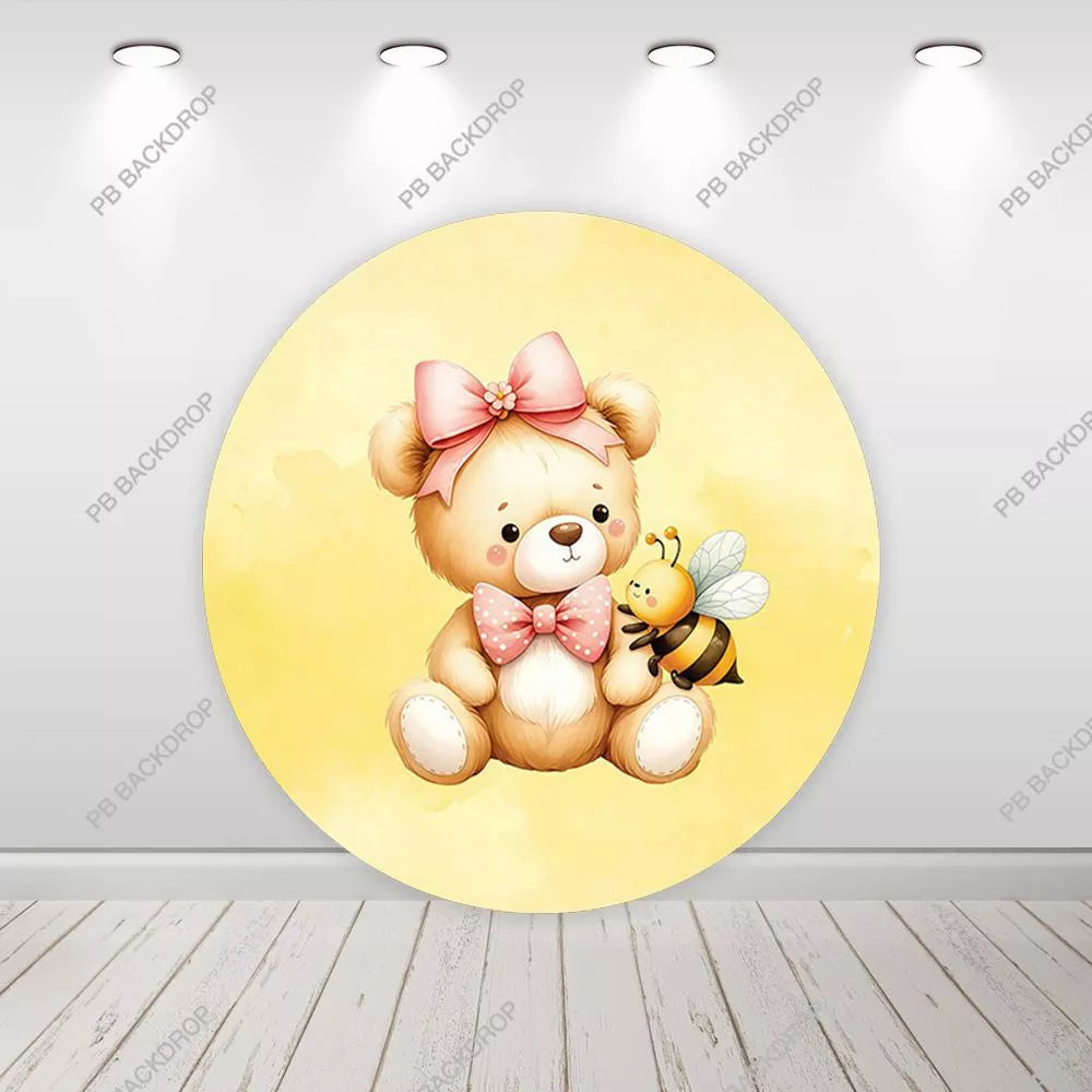 Bear Bee Honey Round Backdrop Girl Baby Shower 1st Birthday Decor