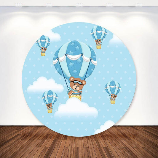 Bear Hot Air Balloons Baby Shower Boys Birthday Round Backdrop Party