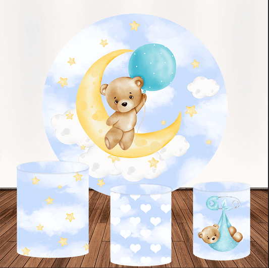 Bear Moon Stars Theme Baby Shower Round Backdrop Plinth Covers Party
