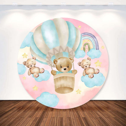 Bear Pink Hot Air Balloons Round Girl's Baby Shower Backdrop