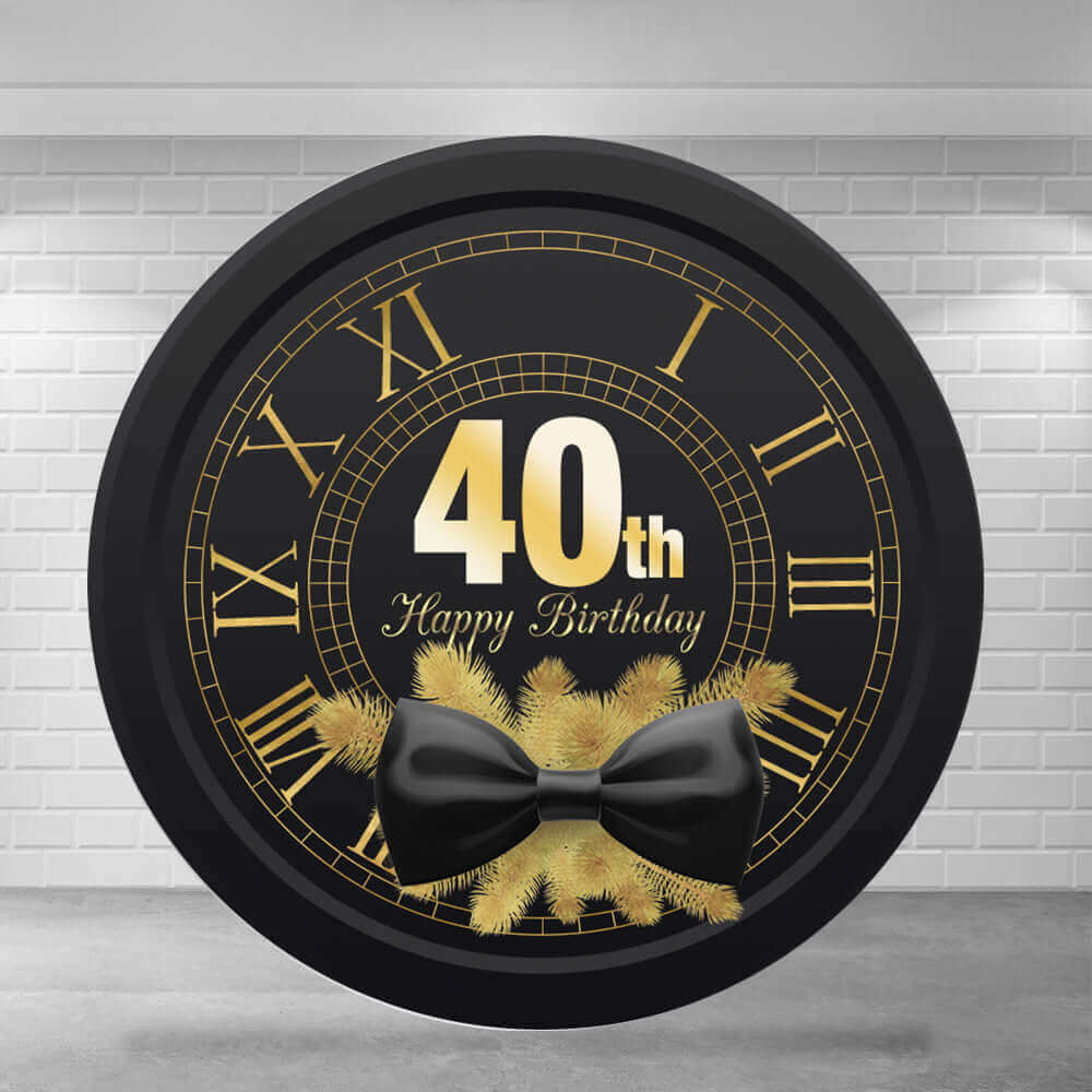 Black Bow Tie and Gold Clock Adult 40th Birthday Round Backdrop