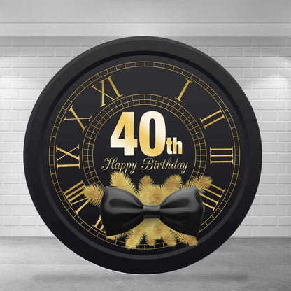 Noeud papillon noir et horloge dorée, fête sur fond rond pour 40e anniversaire d'adulte