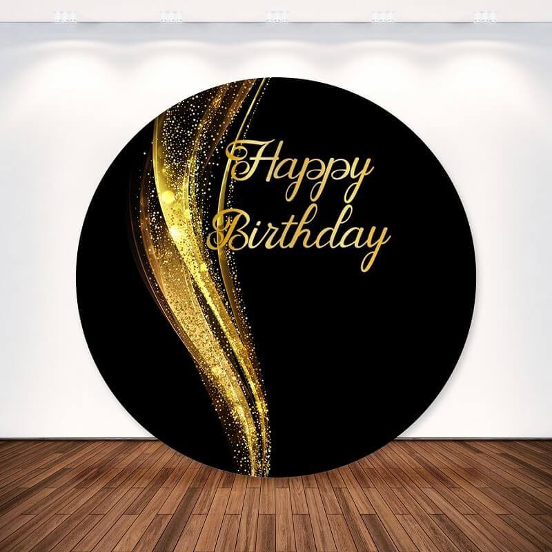 Black And Gold Happy Birthday Round Backdrop For Adult Party