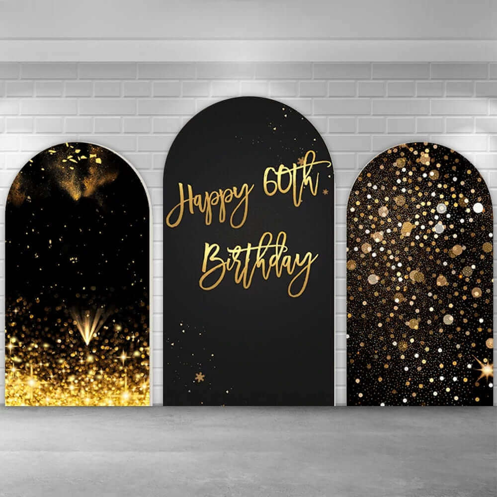 Sfondo arco decorativo per festa di compleanno del 60esimo compleanno con glitter oro nero