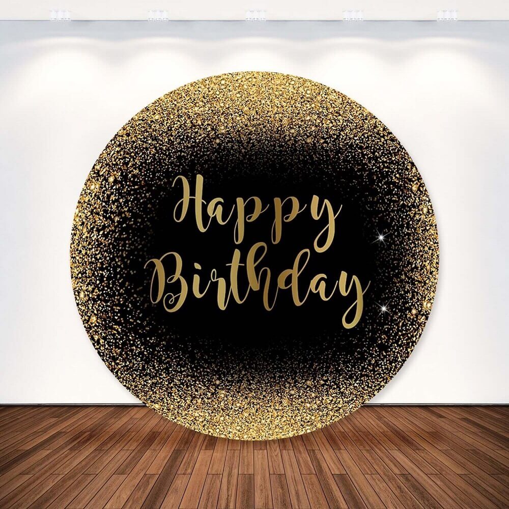 Black Gold Glitter Happy Birthday Round Backdrop Cover Party