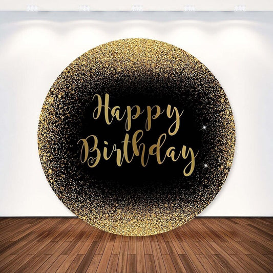 Cubierta de fondo redondo de feliz cumpleaños con purpurina dorada y negra para fiesta