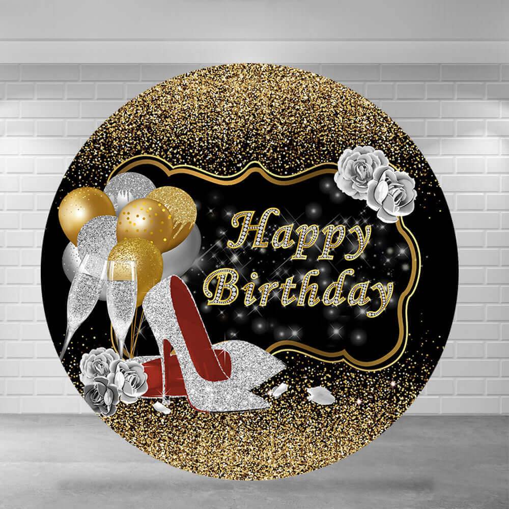 Black Gold Glitter Heels Champagne Woman Birthday Round Backdrop Party